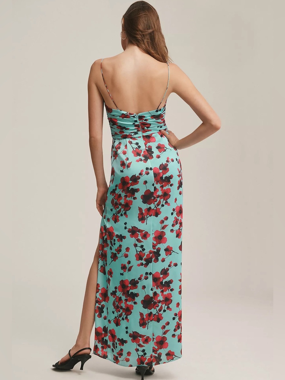 Hutch Luxe Sleeveless Ruched Side-Slit Satin Maxi Dress in Sky Floral Women’s 4 - Picture 6 of 14